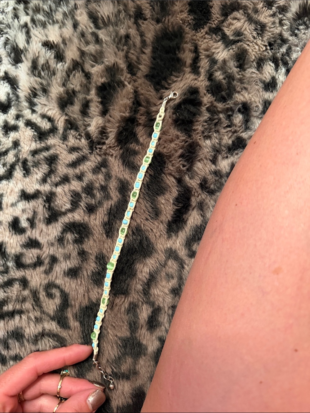 Woven hemp Pimpin anklet with blue and green glass beads